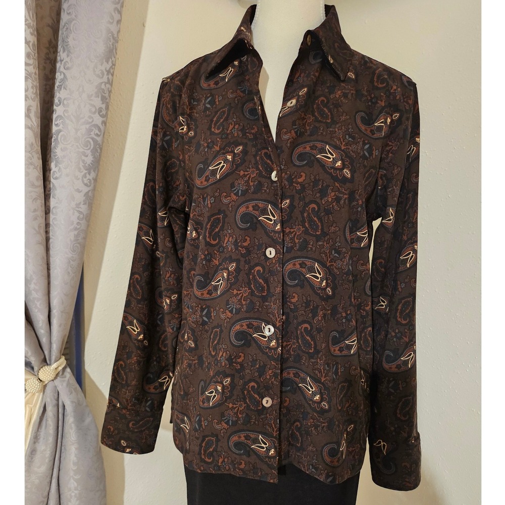 La Cabana Brown Paisley Button Front Long Sleeve Western Shirt Size Small
